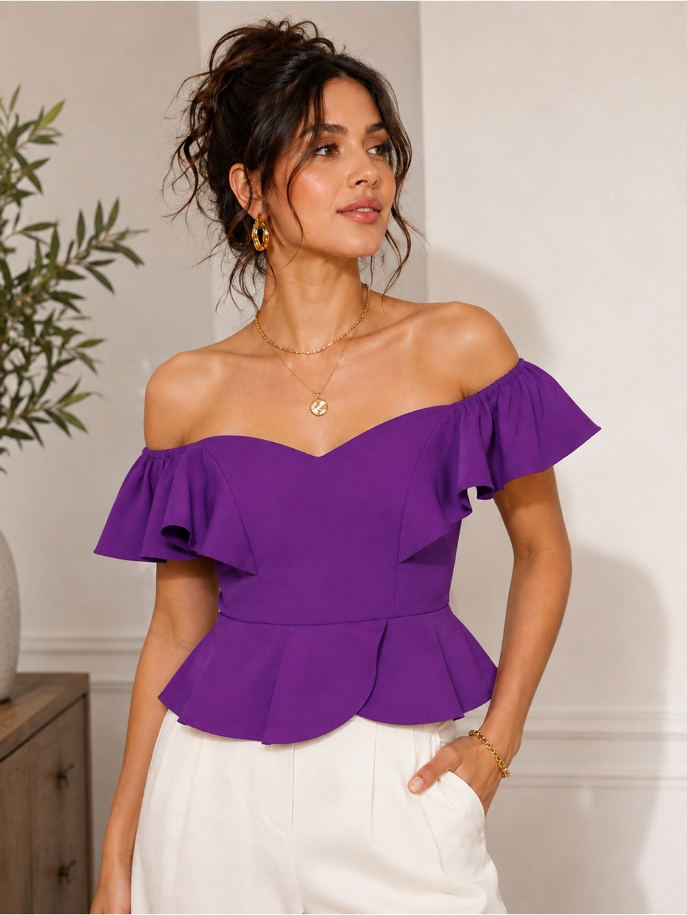 Express Purple Off Shoulder Ruffle Peplum Top Smocked Back 
Feminine Coquette